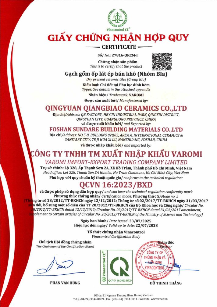 Giấy chứng nhận hợp quy gạch Trung Quốc Varomi