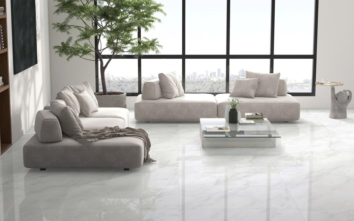 Phòng khách sử dụng gạch trắng vân đá bóng